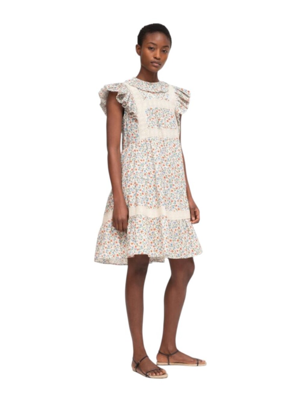 Sea NY Bubbie Tunic Mini Dress Womens 2 White Blue Ditsy Floral Lace Cotton